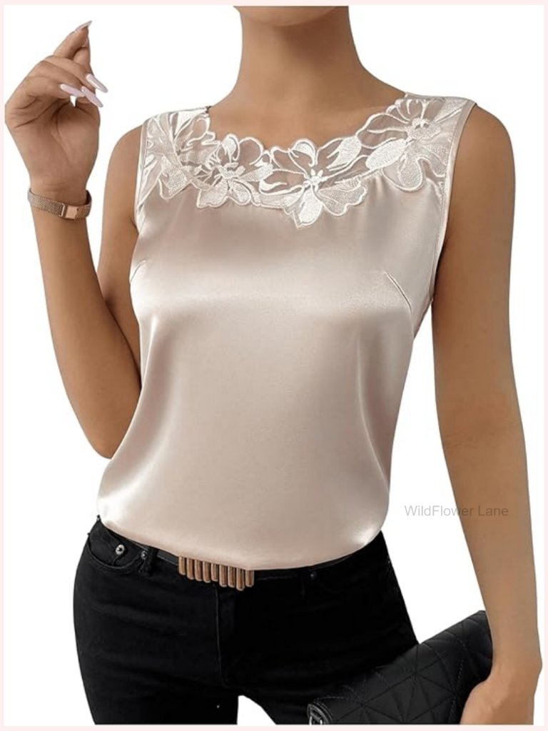 Satin Contrast Lace Crew Neck Sleeveless Tank Top Blouse